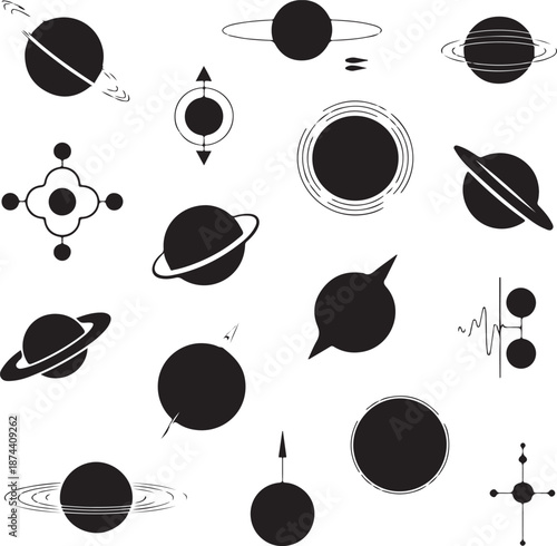 Black and white illustration of various planets and celestial objects in space