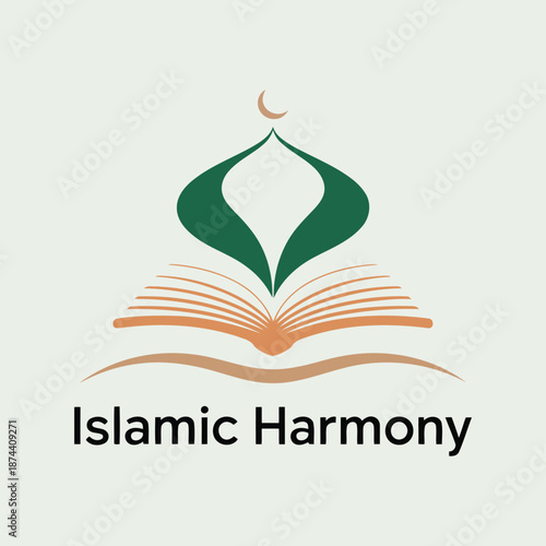 vector of an open holy book crowned with elegant abstract mosque shapes and a crescent, embodying spiritual knowledge and community harmony