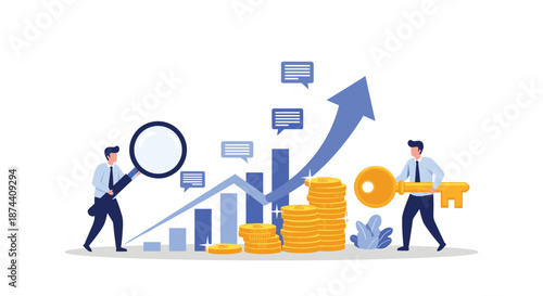 Collaborative business team uses research and strategic keys to unlock financial growth and company success on a blue chart.