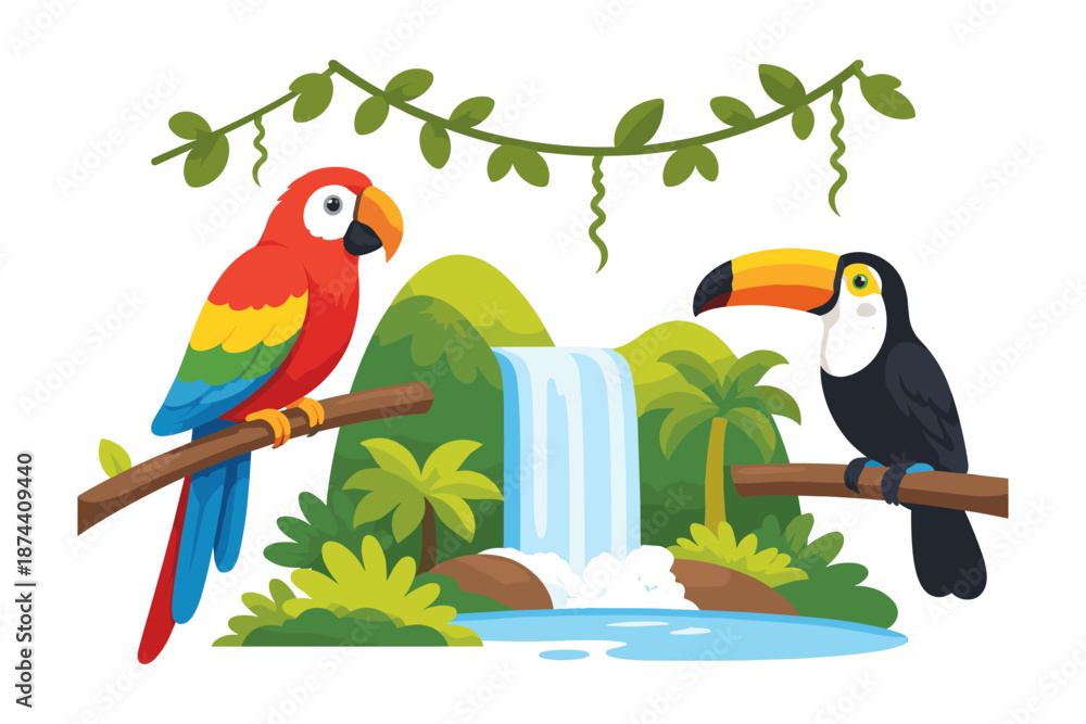 Fototapeta premium Exotic birds and jungle waterfall scene with colorful parrot and toucan