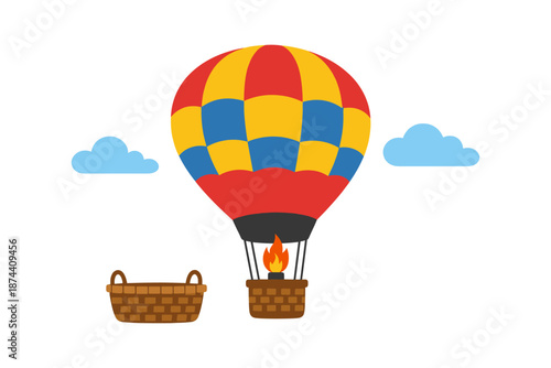 Colorful hot air balloon with detachable basket on a cloudy day
