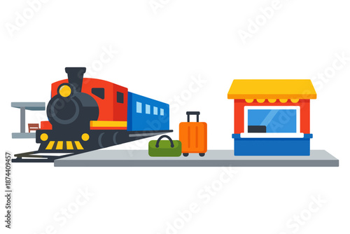 Vintage train and colorful railway station platform with luggage in flat design