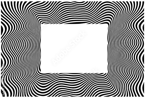 A bold optical illusion with flowing black and white waves encircling a pale beige center card. The dynamic pattern creates movement and focus
