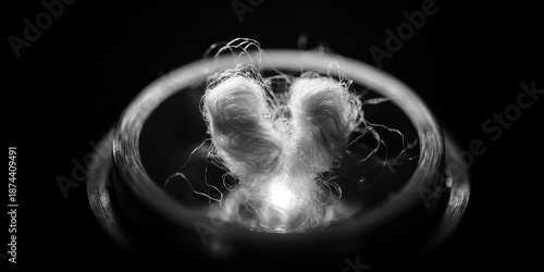 Close-up black and white image of fibrous material glowing inside a ring