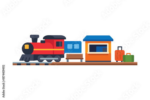 Colorful flat design train station with train, ticket booth, and luggage on platform