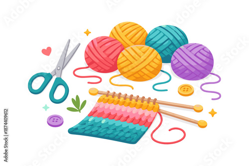 Colorful yarn and knitting needles with scissors on white background