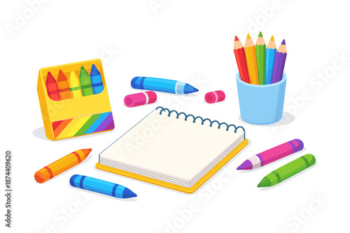 Colorful art supplies: spiral notebook with crayons and pencils on white background