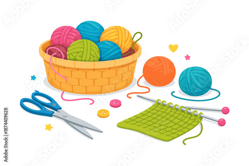 Colorful yarn balls and knitting tools in woven basket on white background