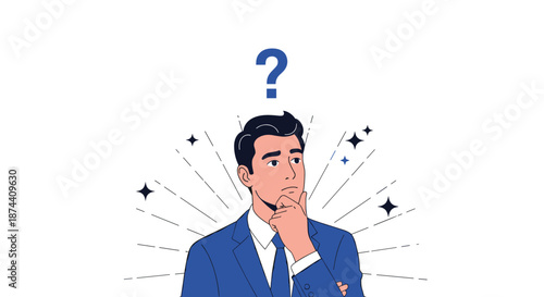 Pensive businessman in a suit gestures thoughtfully while considering complex professional challenges under a large question mark.