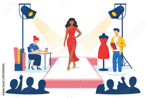 Fashion show runway with designer and model in red dress under spotlight