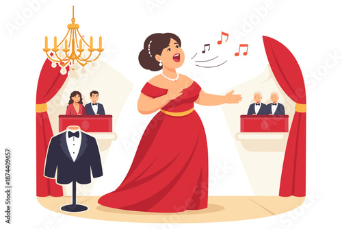 Opera singer performing on stage in elegant red dress with audience watching