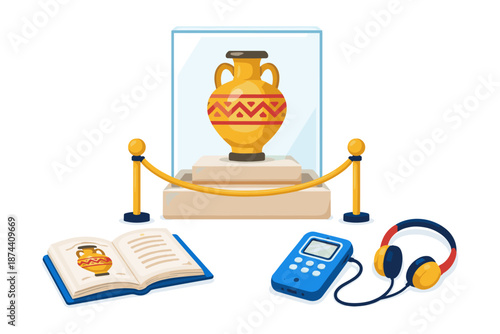 Ancient vase museum display with audio guide and open book on white background