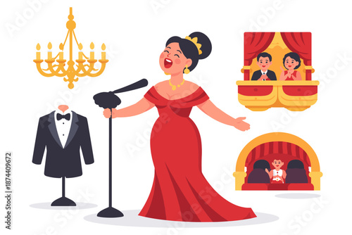 Opera singer on stage in elegant red dress with theater audience and chandelier
