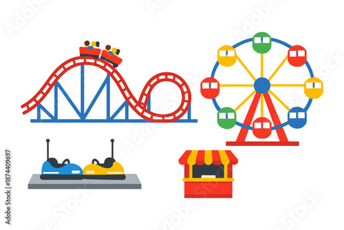 Colorful amusement park elements with roller coaster and ferris wheel