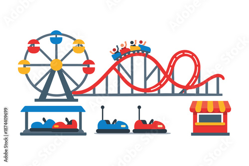 Amusement park fun with colorful flat design rides and attractions
