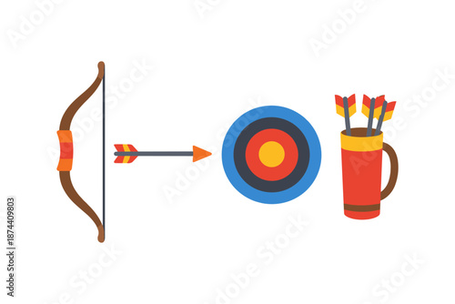 Flat style archery setup with bow, target, and quiver