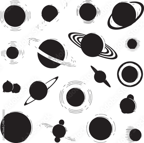 black and white illustration of various planets and moons in solar system