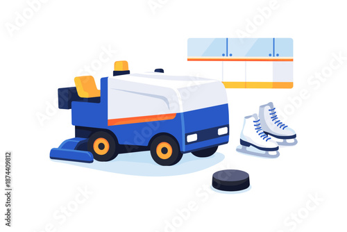 Modern ice rink equipment with zamboni and ice skates in flat design