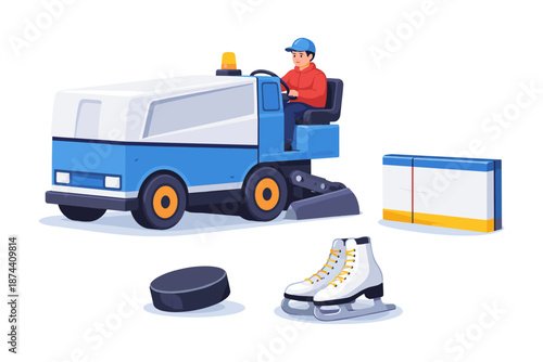 Ice rink maintenance scene with zamboni driver and skating gear