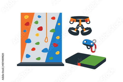 Colorful indoor climbing wall with equipment for safe rock climbing adventures