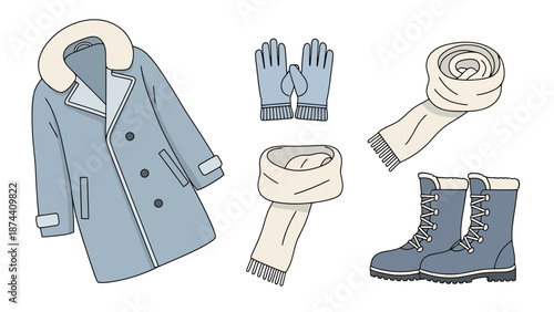 Winter Clothing Collection Featuring Warm Outerwear And Accessories For Cold Weather Season Illustration