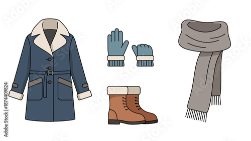 Winter Clothing Essentials For Cold Weather A Stylish Coat Warm Gloves Scarf And Boots Set For Outdoor Activities And Seasonal Fashion