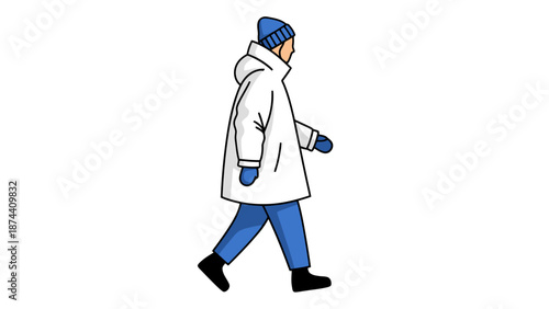Person wearing warm winter outerwear like a coat and hat walking outdoors in cold weather activity focused on movement side view full body cartoon