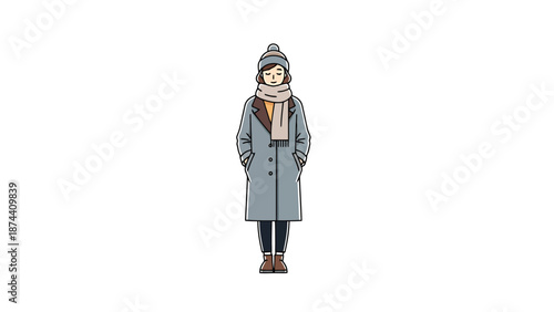 Young Woman Standing Isolated Person Wearing Winter Coat Scarf Beanie Isolated White Background