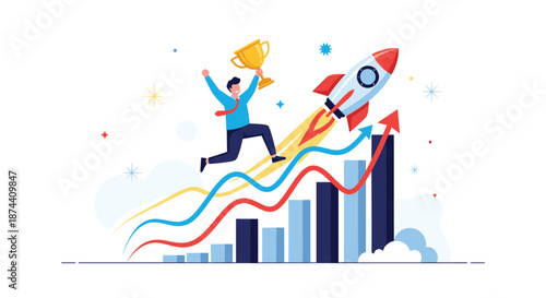 Triumphant businessman celebrates a major financial victory by jumping with a trophy on a rising chart next to a rocket.