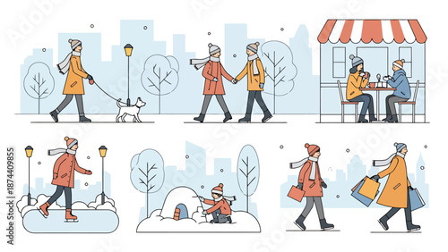 People Enjoying Winter City Activities Including Walking A Dog Skating And Visiting A Cafe Scene 1274