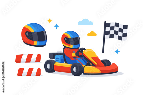 Colorful go kart racing with helmet and checkered flag in flat style