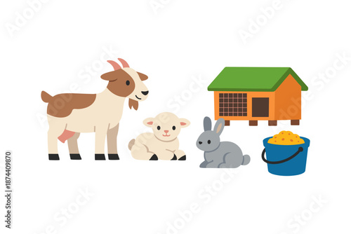 Farm animal companions: goat, lamb, bunny, feed, and shelter in flat style