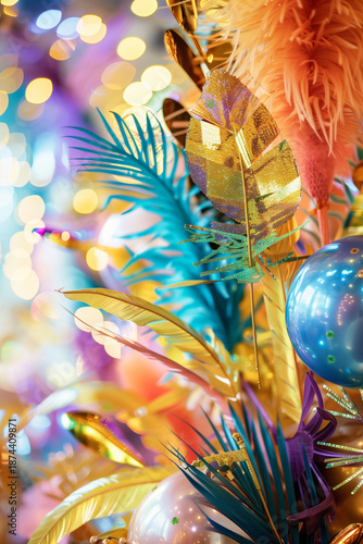Vibrant Carnival Decoration with Feathers and Glittering Ornaments