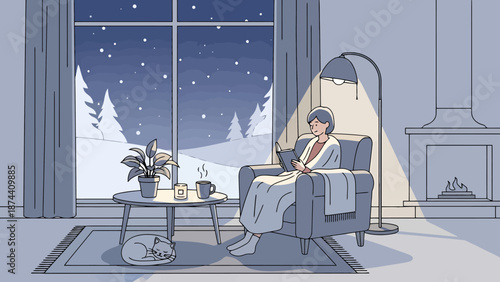 Cozy Winter Scene Woman Relaxing Indoors With Book By Fireplace Enjoying Snowfall Outside While Warm And Comfortable At Home