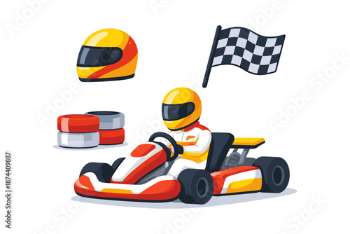 Colorful kart racing elements with helmet, kart, and checkered flag