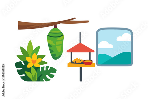 Whimsical nature scene with butterfly life cycle and outdoor feeder