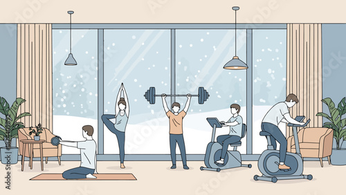 People exercising indoors during snowfall with large windows showing winter scenery ideal for home fitness and wellness content creation