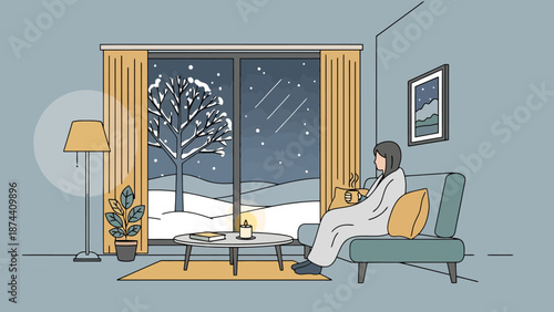 Cozy Winter Evening Indoors Person Wrapped In Blanket Watching Snowfall Outside Large Window Warm Home Comfort