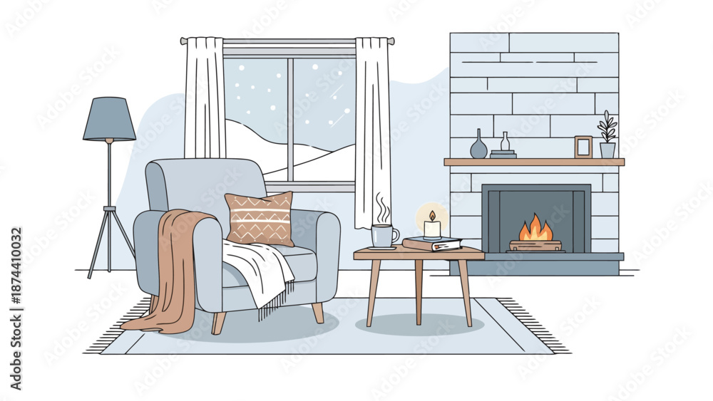 Fototapeta premium Cozy Living Room Scene With Fireplace And Snow Outside Window Illustration Warm Interior Ambiance Domestic Comfort Relaxation