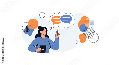 Young female professional uses a digital tablet to communicate and exchange ideas through online chat bubbles.