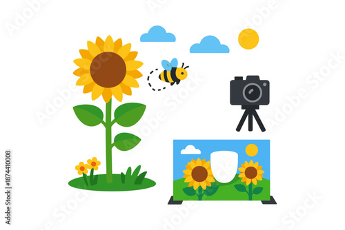 Flat design sunflower and bee scene with camera setup for photography