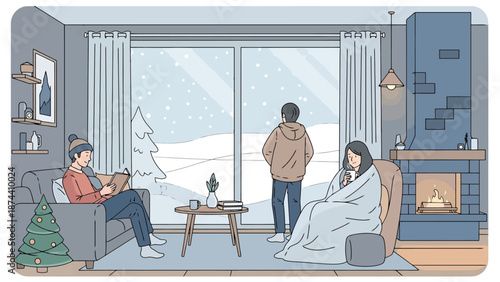 Cozy Winter Scene Indoors People Relaxing By Fireplace And Large Window Looking At Snowfall Landscape Outside Cozy Home Atmosphere