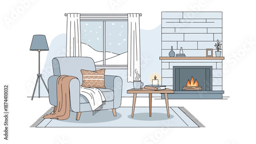 Cozy Living Room Scene With Fireplace And Snow Outside Window Illustration Warm Interior Ambiance Domestic Comfort Relaxation