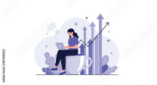 Female freelancer enjoys working on a laptop while sitting on a large coffee cup in front of rising business growth charts.
