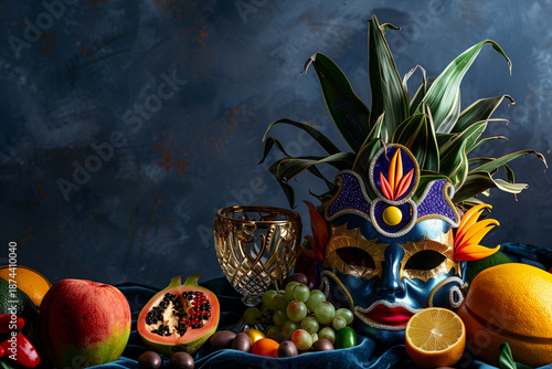 Dark Carnival Still Life with Mask, Wine Glass and Decorative Elements