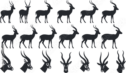Black silhouette collection of sixteen antelope illustrations showcasing diverse horn shapes, body postures, and head profiles for wildlife design art