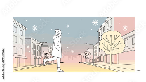 Woman walking on a snowy city street during winter season enjoying the falling snowflakes and urban landscape scenery