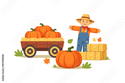Autumn farm scene with scarecrow, pumpkins, and hay bale decor