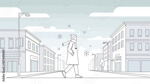 Person walking across snowy street with buildings and lampposts on a cold winter day illustration