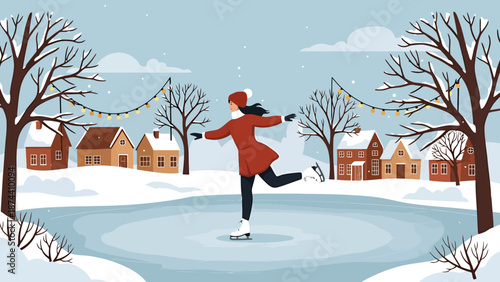 Woman Ice Skating Outdoors On Frozen Pond Near Snowy Village With Decorated Trees In Winter Season Scene